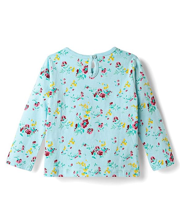 Babyhug 100% Cotton Knit Full Sleeves T-Shirt With Floral Print - Light Blue