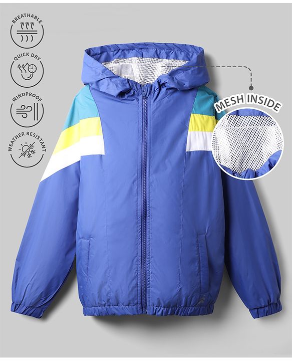 Pine Active Woven Full Sleeves Ultra Comfort Lightweight Windbreaker Athleisure Colour Block Hooded Jacket - Blue