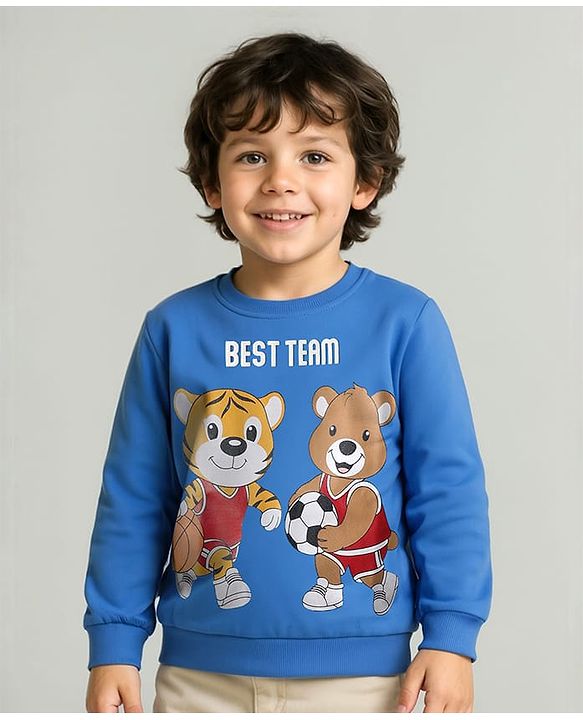 Babyhug Cotton Knit Full Sleeves Sweatshirt with Animal Print - Blue