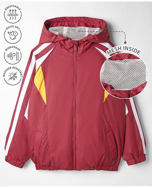Pine Active Woven Full Raglan Sleeves Colour Block Ultra Comfort Lightweight Windbreaker Athleisure Hooded Jacket With Tape Detailing - Maroon