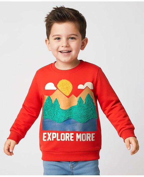 Babyhug Cotton Knit Full Sleeves Embroidered Sweatshirt With Text Print - Red