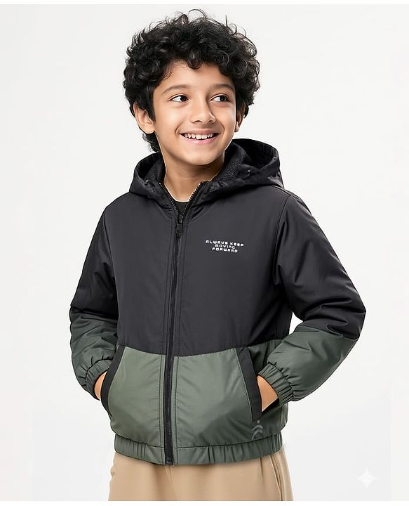 Pine Active Woven Full Sleeves Cut & Sew Ultra Comfort Athleisure Hooded Jacket With Text Print - Black & Green