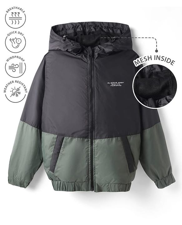 Pine Active Woven Full Sleeves Cut & Sew Ultra Comfort Athleisure Hooded Jacket With Text Print - Black & Green