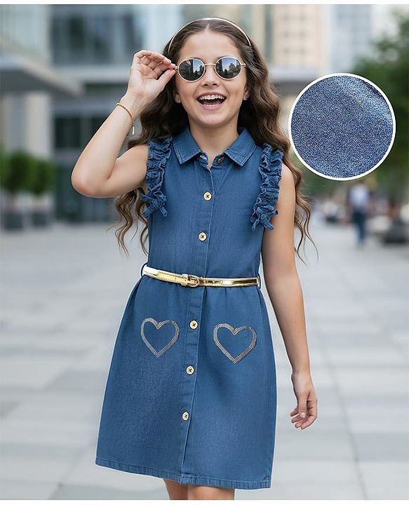 Pine Kids Cotton Woven Sleeveless Shirt Style Solid Dress with Frill Detailing Heart Patch & Belt - Blue