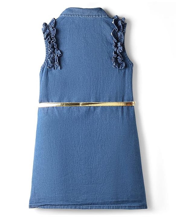 Pine Kids Cotton Woven Sleeveless Shirt Style Solid Dress with Frill Detailing Heart Patch & Belt - Blue