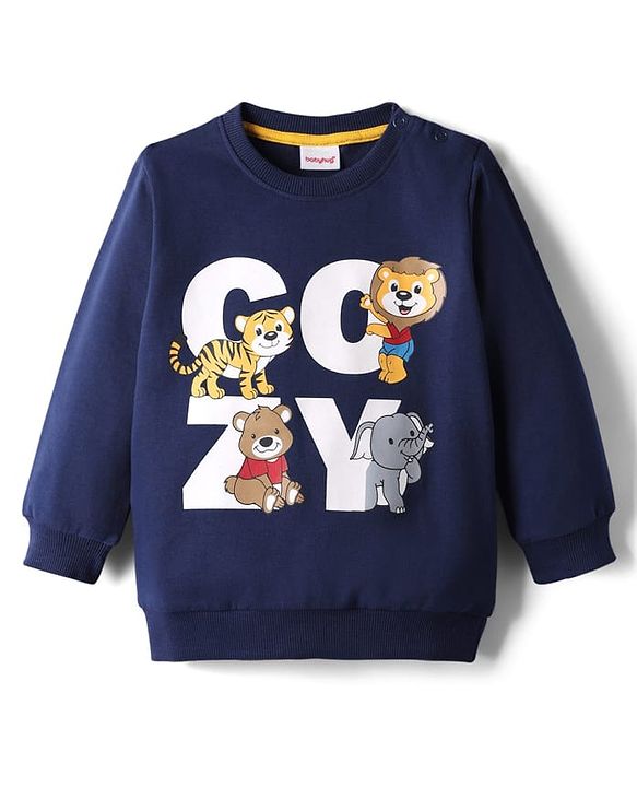 Babyhug Cotton Knit Full Sleeves Sweatshirt with Animal Print - Navy Blue