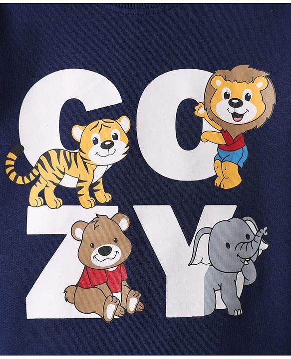 Babyhug Cotton Knit Full Sleeves Sweatshirt with Animal Print - Navy Blue