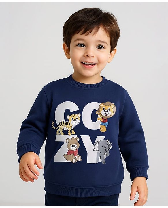 Babyhug Cotton Knit Full Sleeves Sweatshirt with Animal Print - Navy Blue
