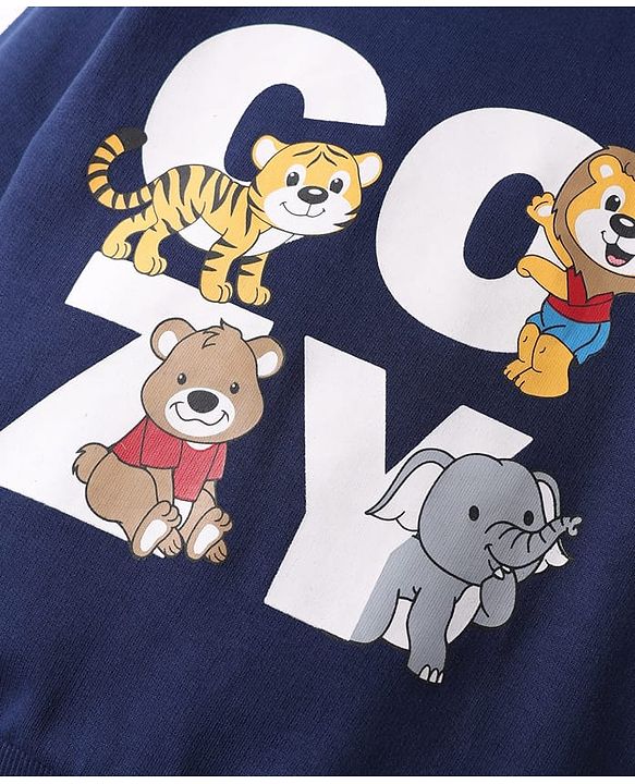 Babyhug Cotton Knit Full Sleeves Sweatshirt with Animal Print - Navy Blue