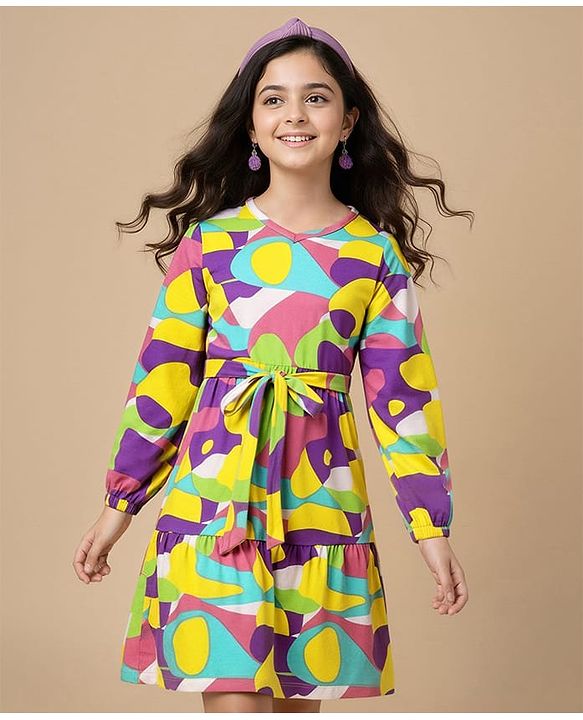 Pine Kids Cotton Knit Full Sleeves Frock With Abstract Print - Multicolour