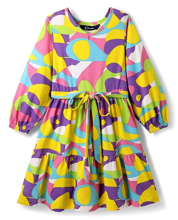 Pine Kids Cotton Knit Full Sleeves Frock With Abstract Print - Multicolour
