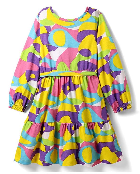 Pine Kids Cotton Knit Full Sleeves Frock With Abstract Print - Multicolour