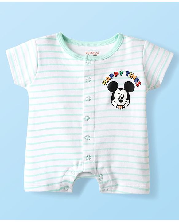 Babyhug Disney Interlock Knit Half Sleeves Romper With Mickey Mouse Graphics - Light Green