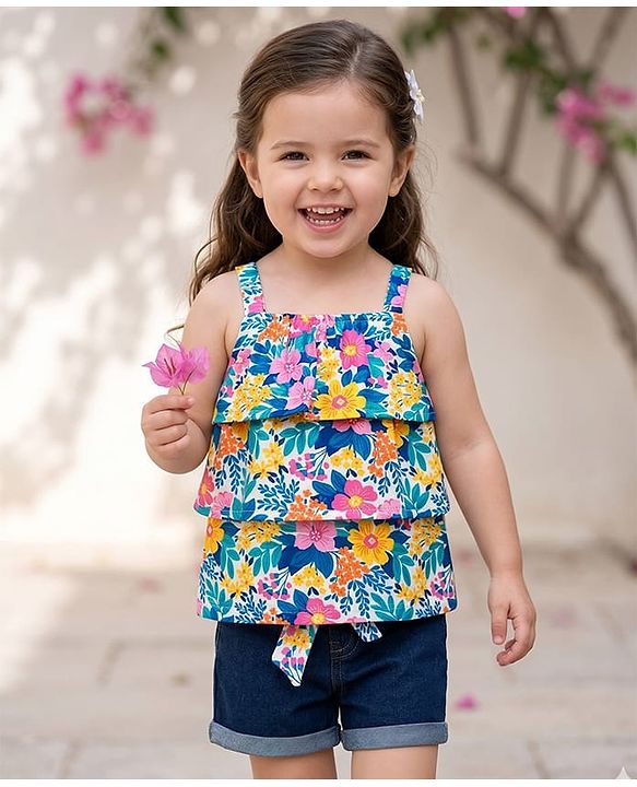 Babyhug Single Jersey Knit Sleeveless Layered Top & Denim Shorts Set with Floral Print & Belt - Navy Blue