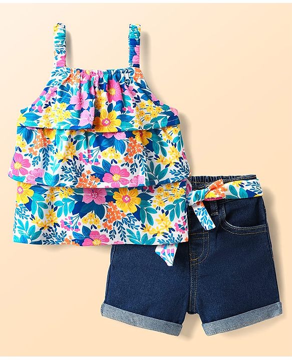 Babyhug Single Jersey Knit Sleeveless Layered Top & Denim Shorts Set with Floral Print & Belt - Navy Blue