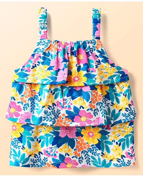 Babyhug Single Jersey Knit Sleeveless Layered Top & Denim Shorts Set with Floral Print & Belt - Navy Blue