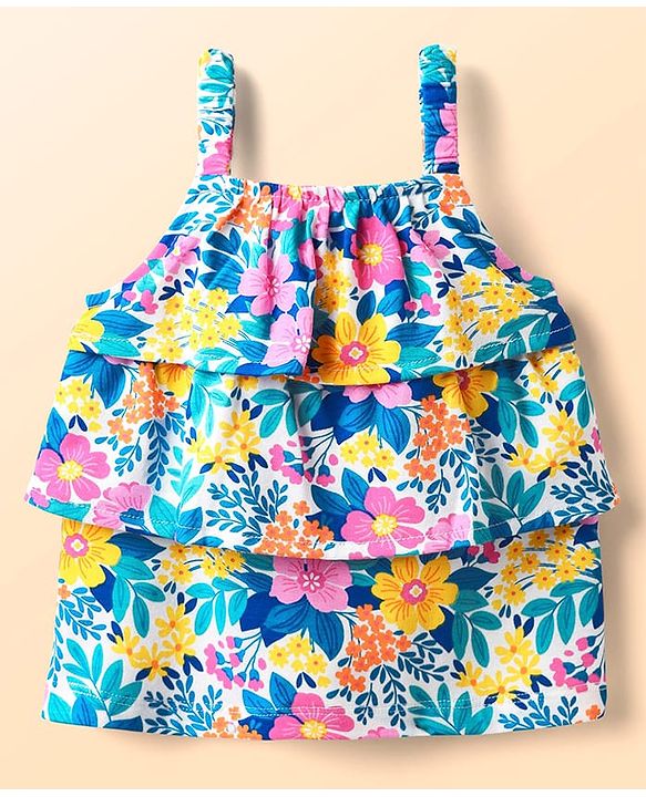 Babyhug Single Jersey Knit Sleeveless Layered Top & Denim Shorts Set with Floral Print & Belt - Navy Blue