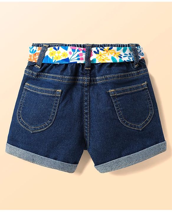 Babyhug Single Jersey Knit Sleeveless Layered Top & Denim Shorts Set with Floral Print & Belt - Navy Blue
