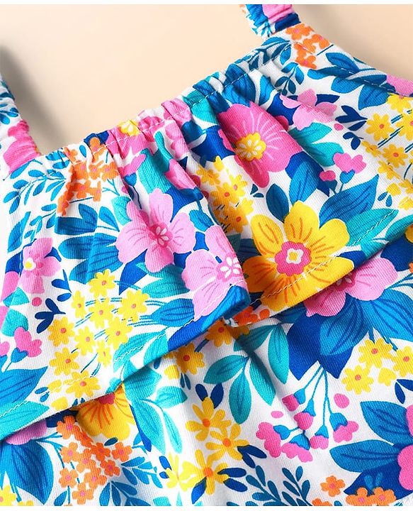 Babyhug Single Jersey Knit Sleeveless Layered Top & Denim Shorts Set with Floral Print & Belt - Navy Blue