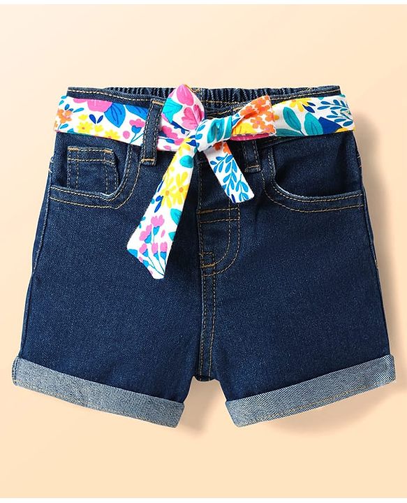 Babyhug Single Jersey Knit Sleeveless Layered Top & Denim Shorts Set with Floral Print & Belt - Navy Blue