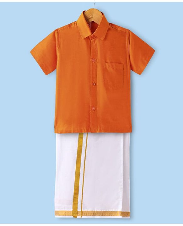 Babyhug Woven Half Sleeves Solid Shirt & Mundu Set - Orange