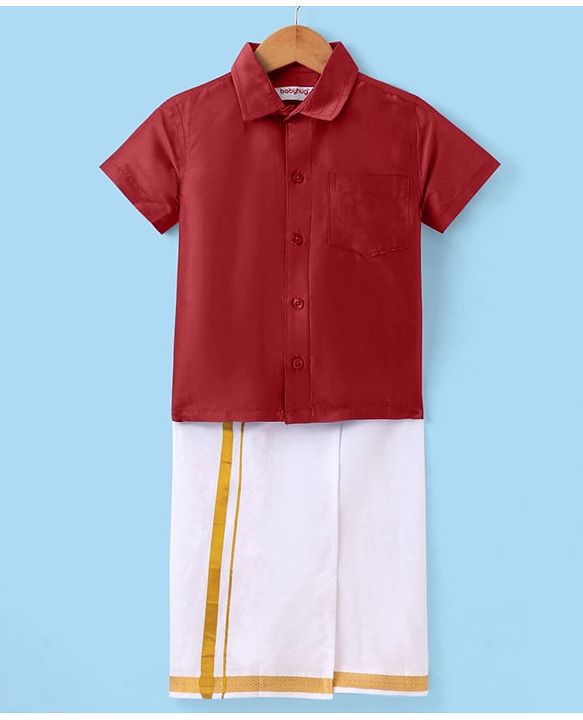 Babyhug Woven Half Sleeves Solid Shirt & Mundu Set - Maroon