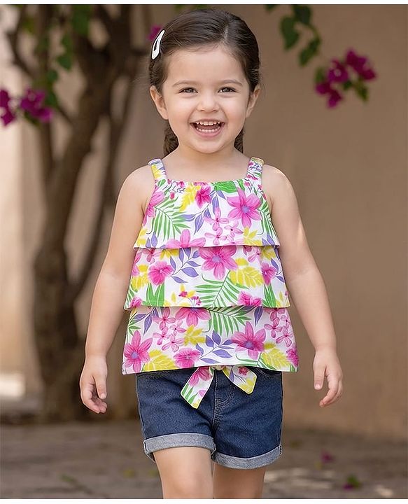 Babyhug Single Jersey Knit Sleeveless Layered Top & Denim Shorts Set with Floral Print & Belt - Navy Blue