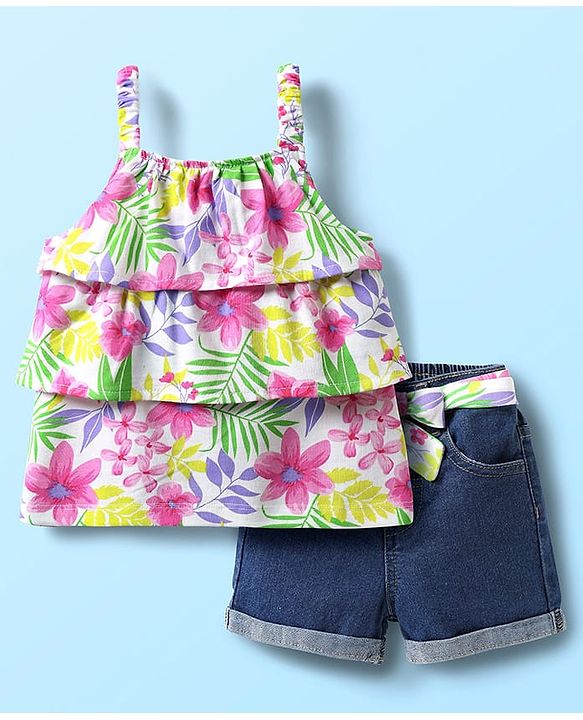 Babyhug Single Jersey Knit Sleeveless Layered Top & Denim Shorts Set with Floral Print & Belt - Navy Blue