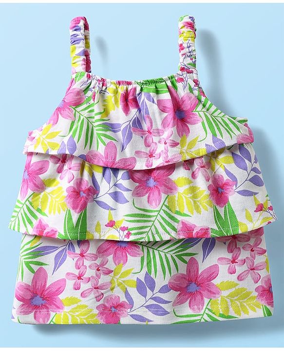 Babyhug Single Jersey Knit Sleeveless Layered Top & Denim Shorts Set with Floral Print & Belt - Navy Blue