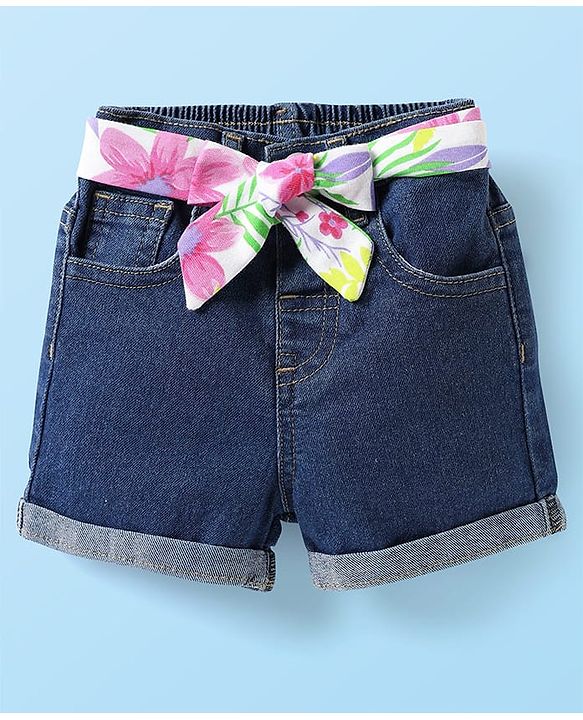 Babyhug Single Jersey Knit Sleeveless Layered Top & Denim Shorts Set with Floral Print & Belt - Navy Blue