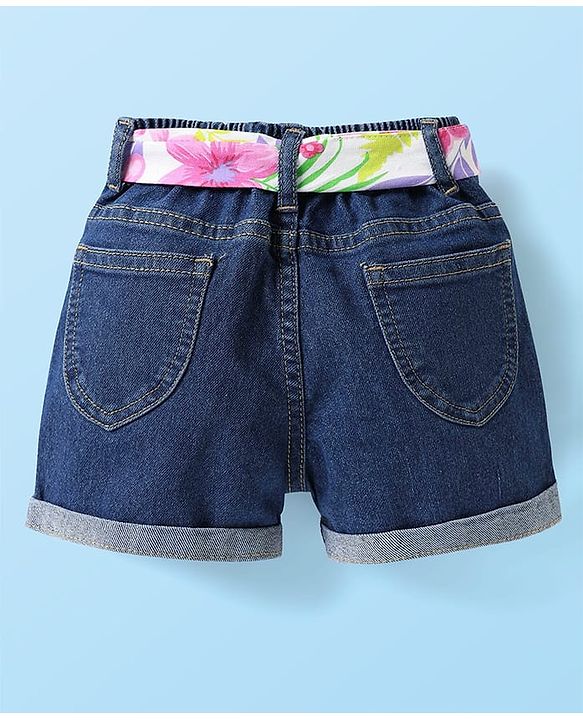 Babyhug Single Jersey Knit Sleeveless Layered Top & Denim Shorts Set with Floral Print & Belt - Navy Blue