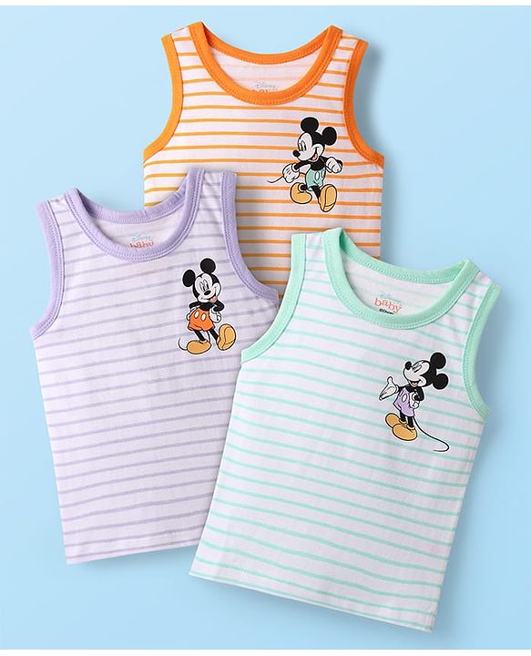 Babyhug Disney 100% Cotton Sleeveless Vests With Mickey Mouse Graphics Pack Of 3 - Lilac Light Green & Orange
