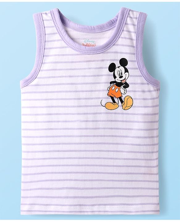 Babyhug Disney 100% Cotton Sleeveless Vests With Mickey Mouse Graphics Pack Of 3 - Lilac Light Green & Orange