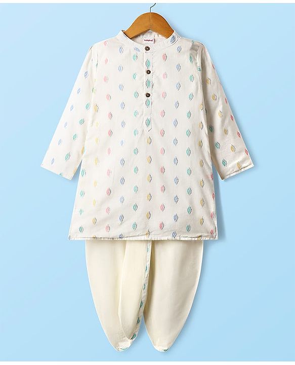 Babyhug Cotton Woven Full Sleeves Printed Kurta Dhoti Set - White