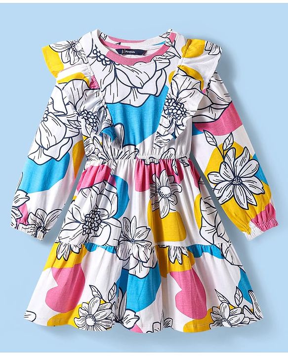 Pine Kids Cotton Knit Full Sleeves Frock With Floral Print & Frill Detailing - White