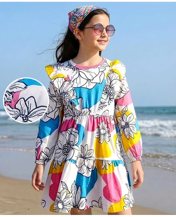 Pine Kids Cotton Knit Full Sleeves Frock With Floral Print & Frill Detailing - White
