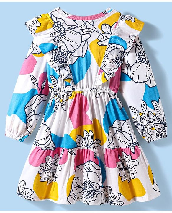 Pine Kids Cotton Knit Full Sleeves Frock With Floral Print & Frill Detailing - White