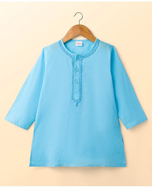 Babyhug Cambric Full Sleeves Solid Color Kurta Dhoti Set - Aqua Blue