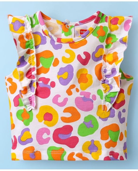 Babyhug Single Jersey Knit Sleeveless Co-ords Top & Shorts With Abstract Print - White