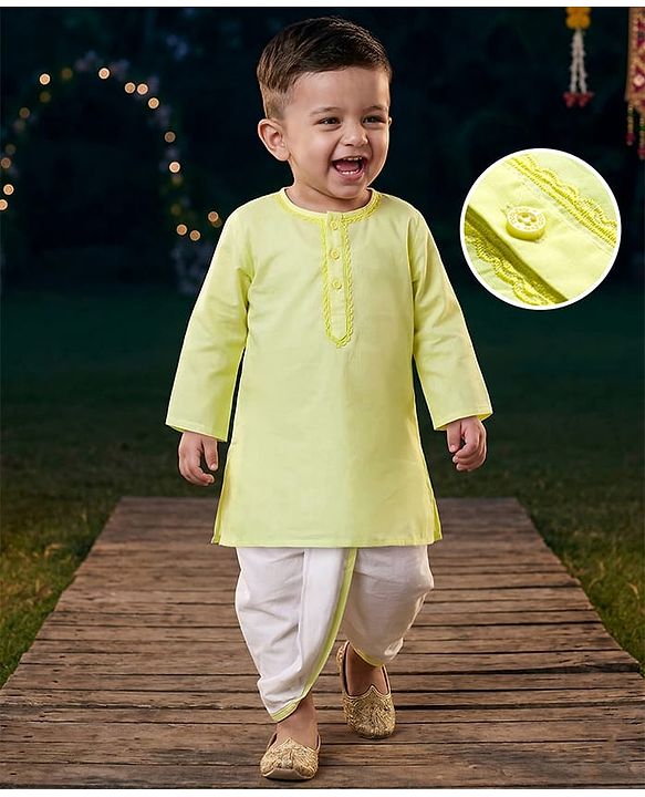 Babyhug Cotton Full Sleeves Solid Color Kurta Dhoti Set - Limegreen