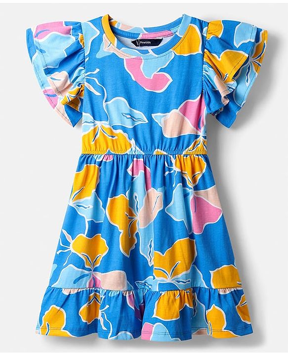 Pine Kids Cotton Knit Flutter Sleeves Frock With Floral Print - Blue