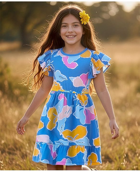 Pine Kids Cotton Knit Flutter Sleeves Frock With Floral Print - Blue