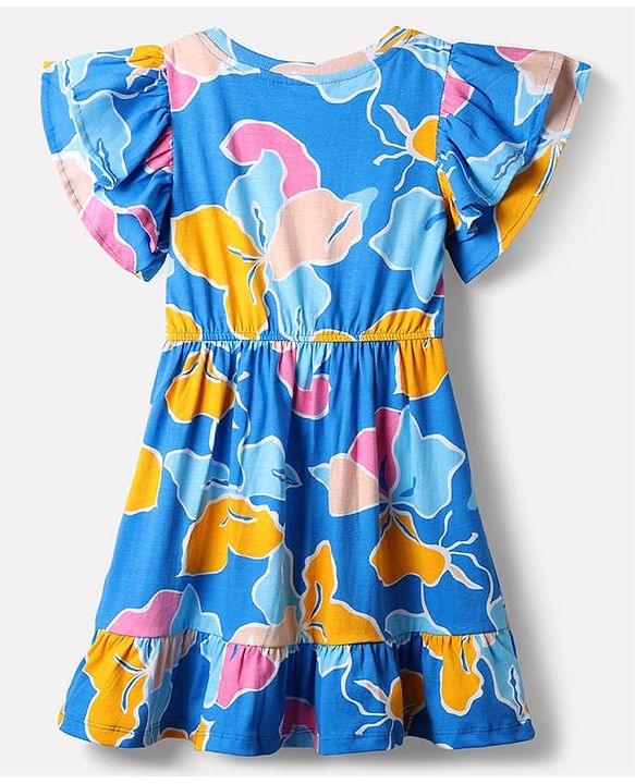 Pine Kids Cotton Knit Flutter Sleeves Frock With Floral Print - Blue