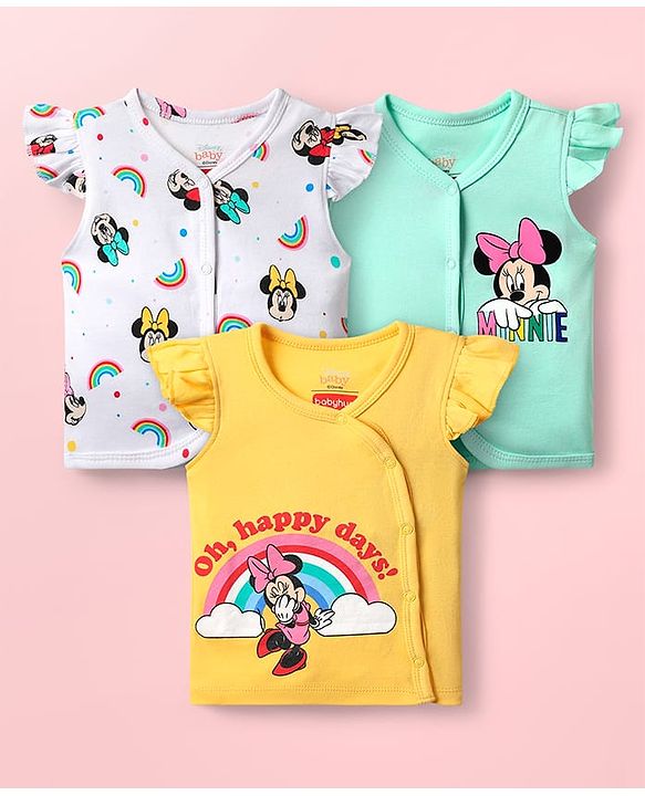 Babyhug Interlock Knit Frill Sleeves Jhablas With Minnie Mouse Graphics Pack Of 3 - Yellow White & Light Green