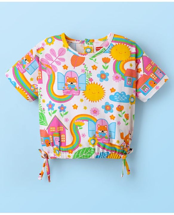 Babyhug Single Jersey Knit Half Sleeves Top & Shorts Set with Floral Print - White & Navy Blue