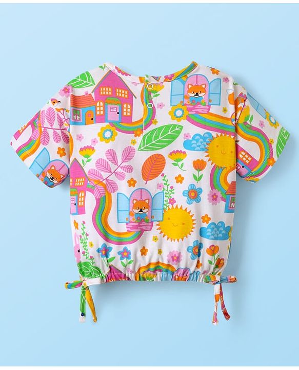 Babyhug Single Jersey Knit Half Sleeves Top & Shorts Set with Floral Print - White & Navy Blue