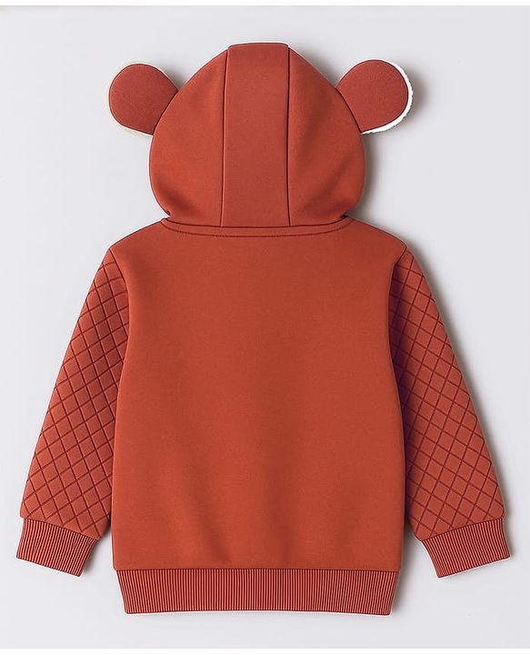 Babyhug Cotton Knit Full Sleeves Hooded Sweatjacket With Text Embroidery & Kangaroo Pockets - Brown