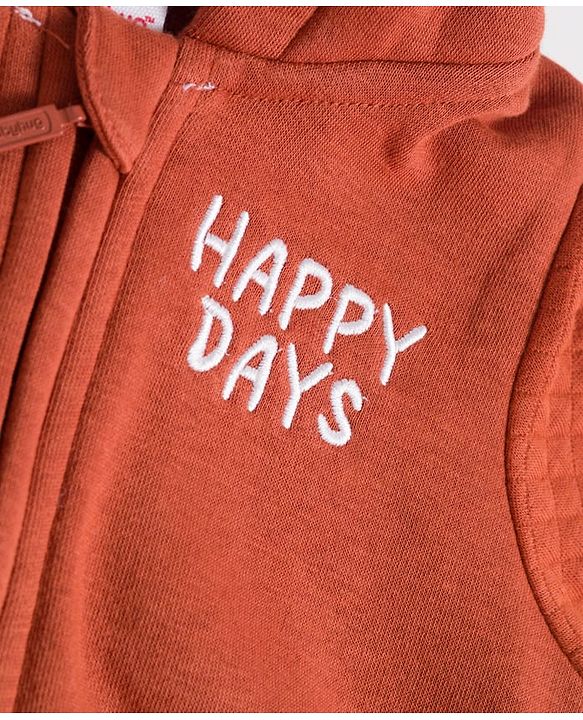 Babyhug Cotton Knit Full Sleeves Hooded Sweatjacket With Text Embroidery & Kangaroo Pockets - Brown