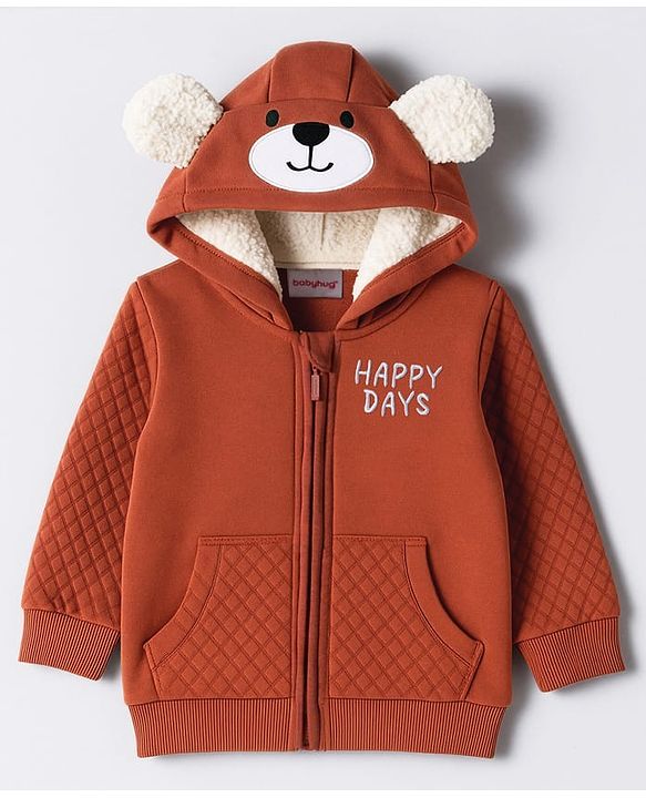 Babyhug Cotton Knit Full Sleeves Hooded Sweatjacket With Text Embroidery & Kangaroo Pockets - Brown