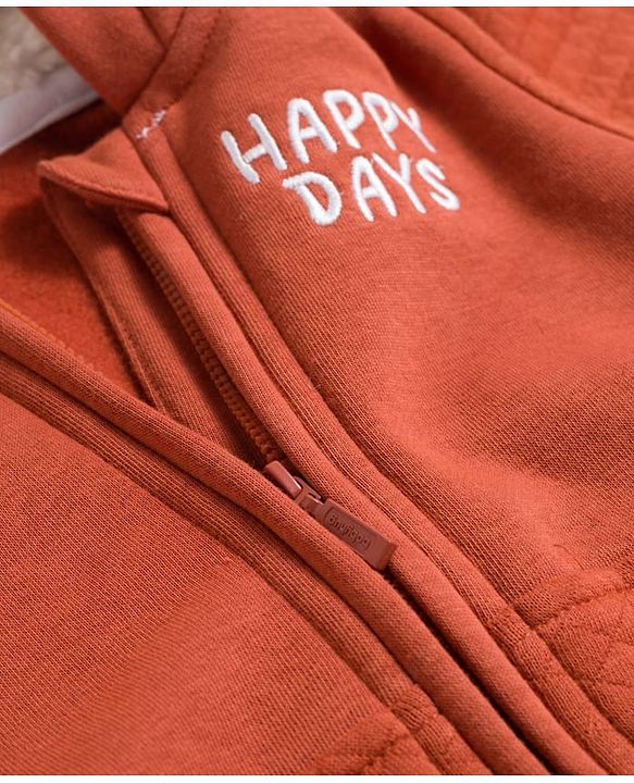 Babyhug Cotton Knit Full Sleeves Hooded Sweatjacket With Text Embroidery & Kangaroo Pockets - Brown